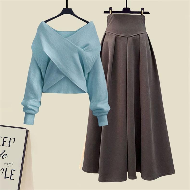 Plus Size Winter Outfit Set - Flattering Cross Knit Sweater With High Waist Skirt For Curvy Women_voghion.com
