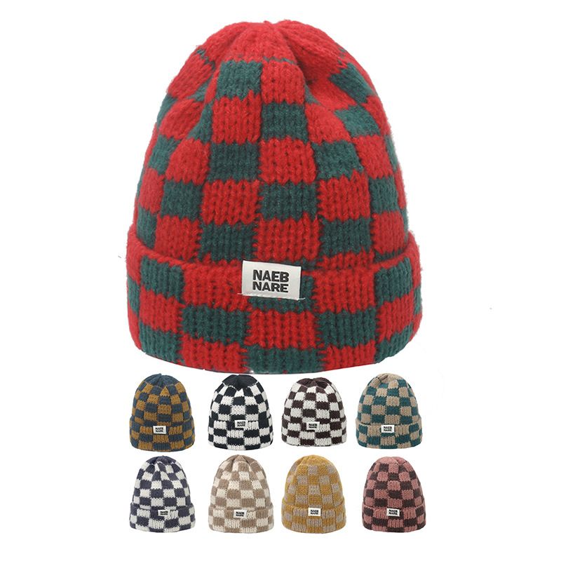 Hat Internet celebrity popular hat autumn and winter version niche large head circumference woolen hat thickened warm checkerboard plaid knitted hat_voghion.com