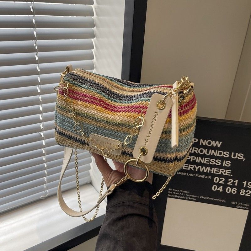 Niche Raffia Dopamine Colorful Striped Woven Lunch Box Underarm Single Shoulder Crossbody Beach Bag_voghion.com