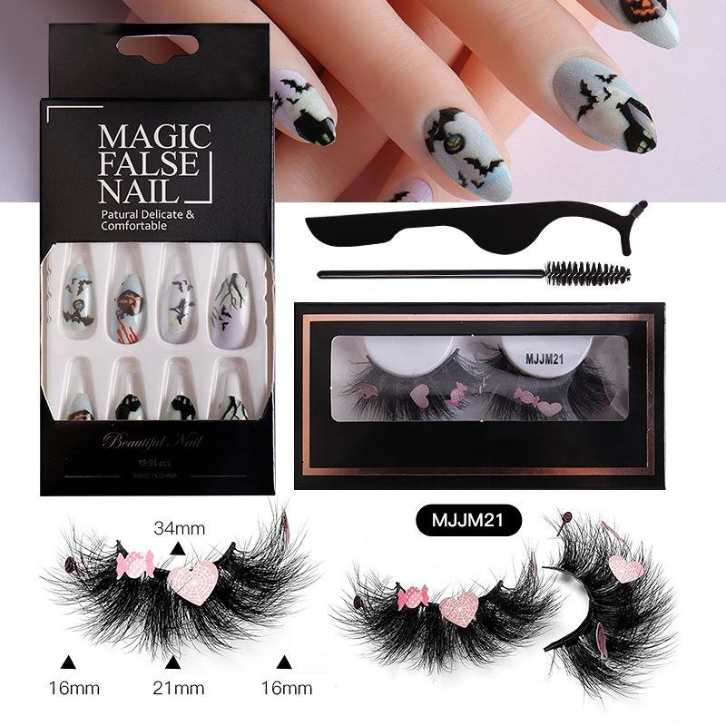 Halloween-Maniküre-Set für künstliche Wimpern mit Halloween-Nagelstücken, künstliche Nägel, Kürbis-Geist-Wimpern, unverzichtbar für Halloween-Partys_voghion.com