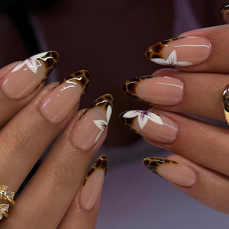 Ψεύτικα Νύχια με Λεοπάρ Στάμπα & Αστέρι Αμύγδαλο - Γλυκά & Δροσερά Νύχια που Φοριούνται (Τελικό Προϊόν) - Ευρωπαϊκό & Αμερικανικό Στυλ_voghion.com