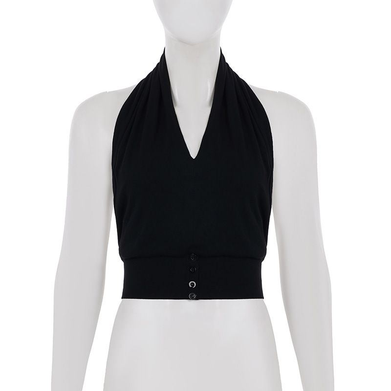 Damenbekleidung Sommer Star Style Einfarbig Neckholder V-Ausschnitt Strickweste Damen Knopftaille Sexy Großes rückenfreies Oberteil_voghion.com