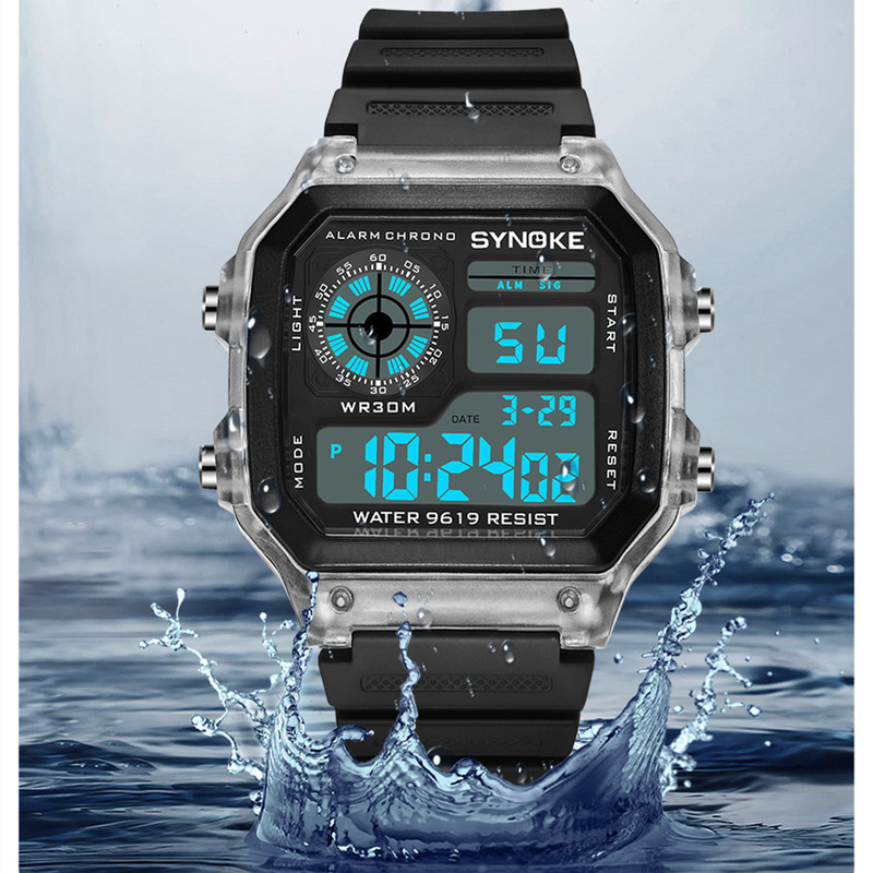 SYNOKE Nuovo orologio elettronico trasparente luminoso impermeabile da uomo quadrato classico alla moda sportivo studente_voghion.com