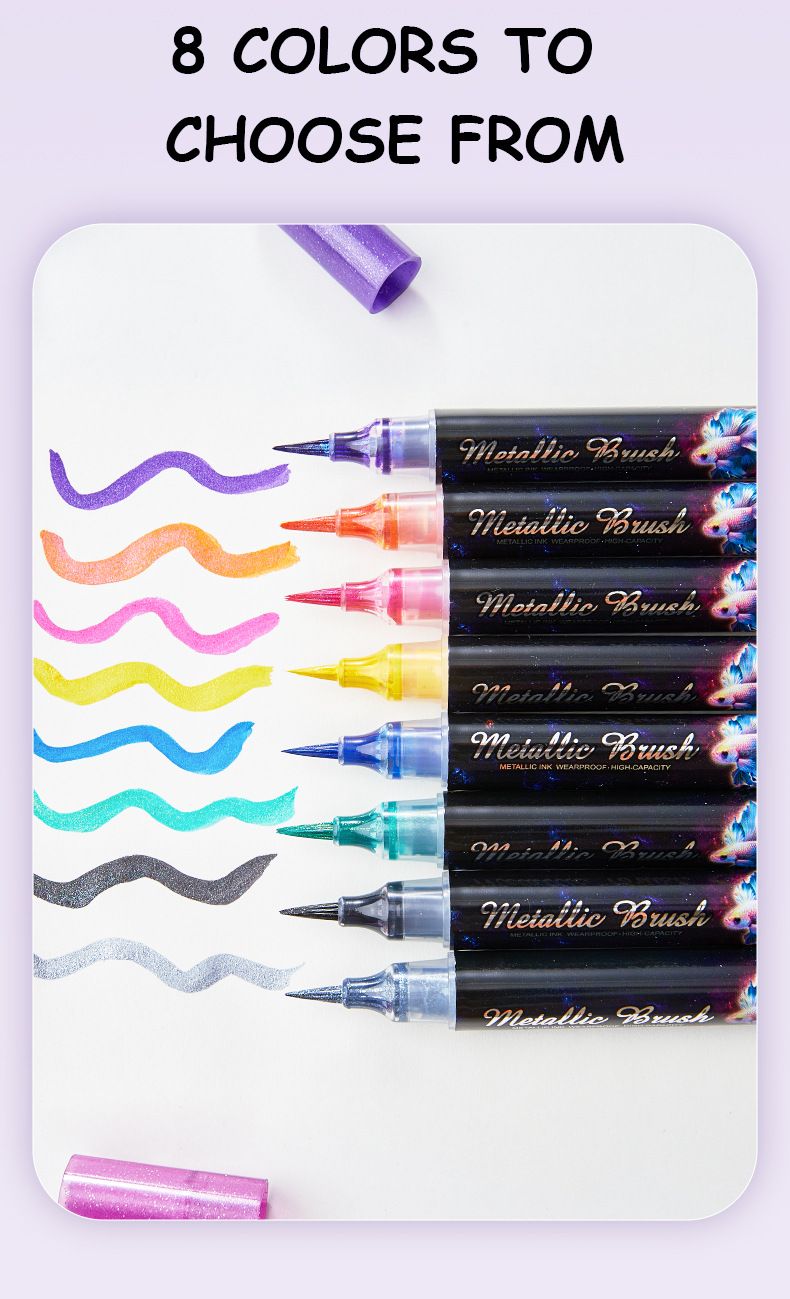 Feutres pinceaux métalliques scintillants pour calligraphie et art – Pointe souple, couleurs vives, idéal pour les étudiants et les artistes (lot de 8 couleurs assorties)_voghion.com