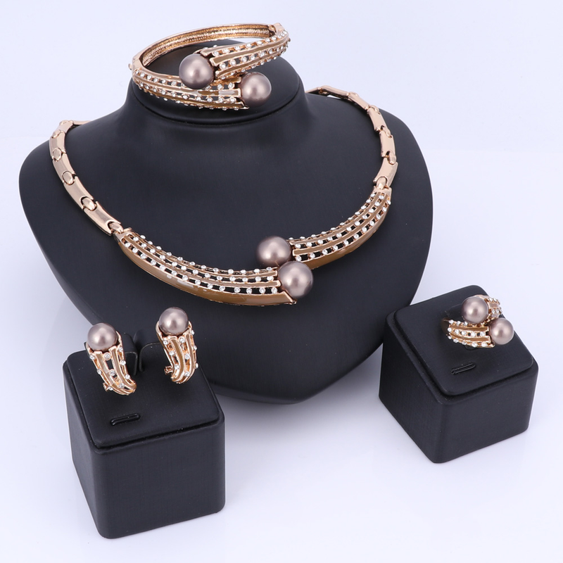 Damen-Set für Hochzeit, Braut, Brautjungfer, Kristall, künstliche Perlen, Halskette, baumelnde Ohrringe, Armreif, Ring, Party, Kostümschmuck-Set_voghion.com
