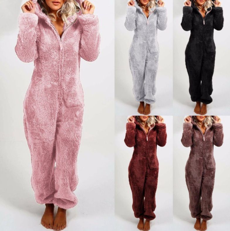 Women's Autumn And Winter Fleece Thickened Fluffy Jumpsuit Home Hooded Bear Pajamas_voghion.com