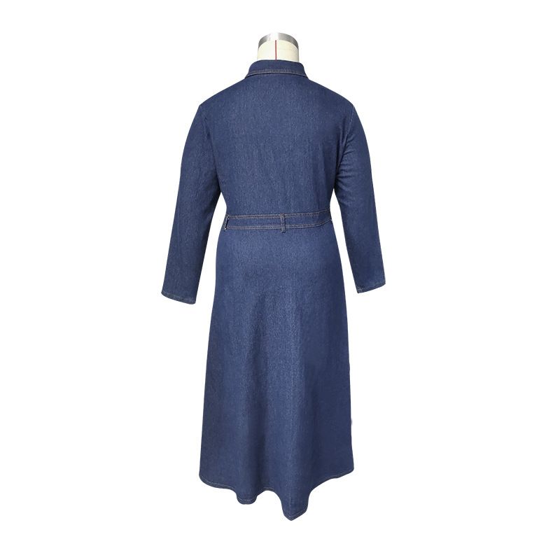 Damenbekleidung Große Größen Damenbekleidung Denim Revers Langärmliges offenes Brustkleid_voghion.com