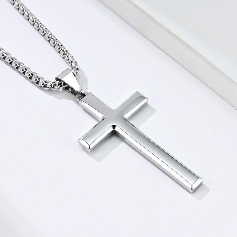 Collana con ciondolo a croce in acciaio inossidabile smussato semplice da uomo, stile neutro, personalità di nicchia_voghion.com