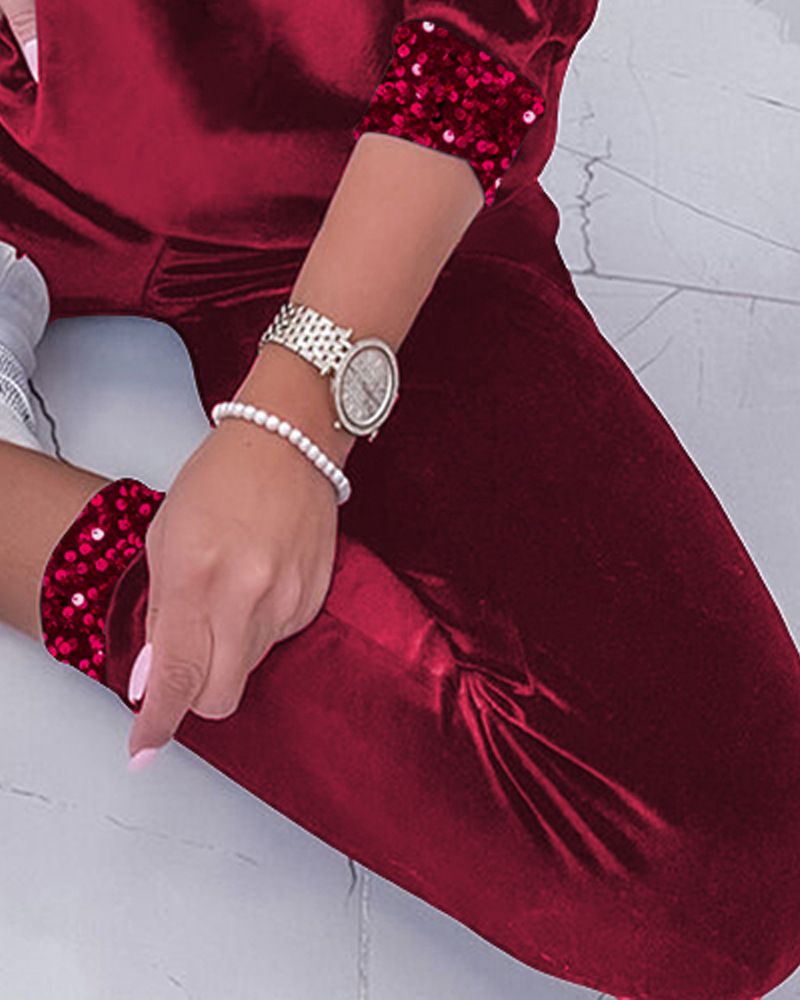 Women's V-neck long-sleeved sequined sweatshirt and pants suit_voghion.com