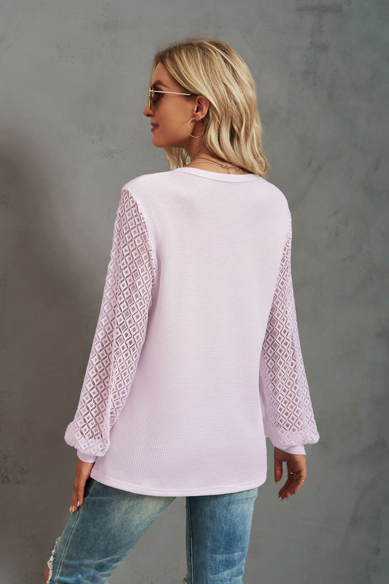 Women's Clothing Casual Waffle Grace Panel Long Sleeve Button T-shirt Top_voghion.com
