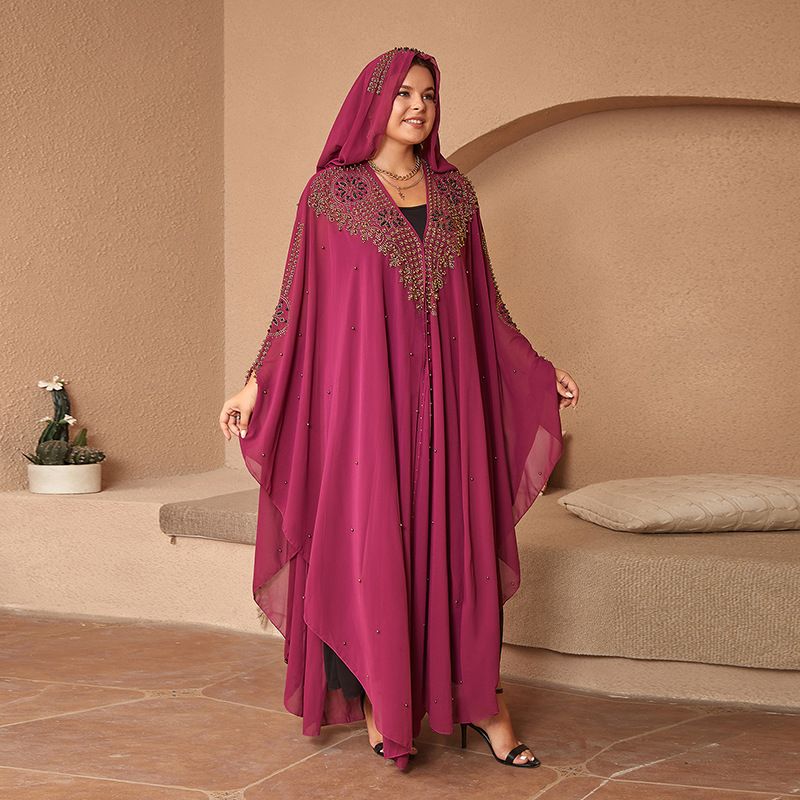 Women's rhinestones beaded lengthened HD Muslim shawl hooded cloak._voghion.com
