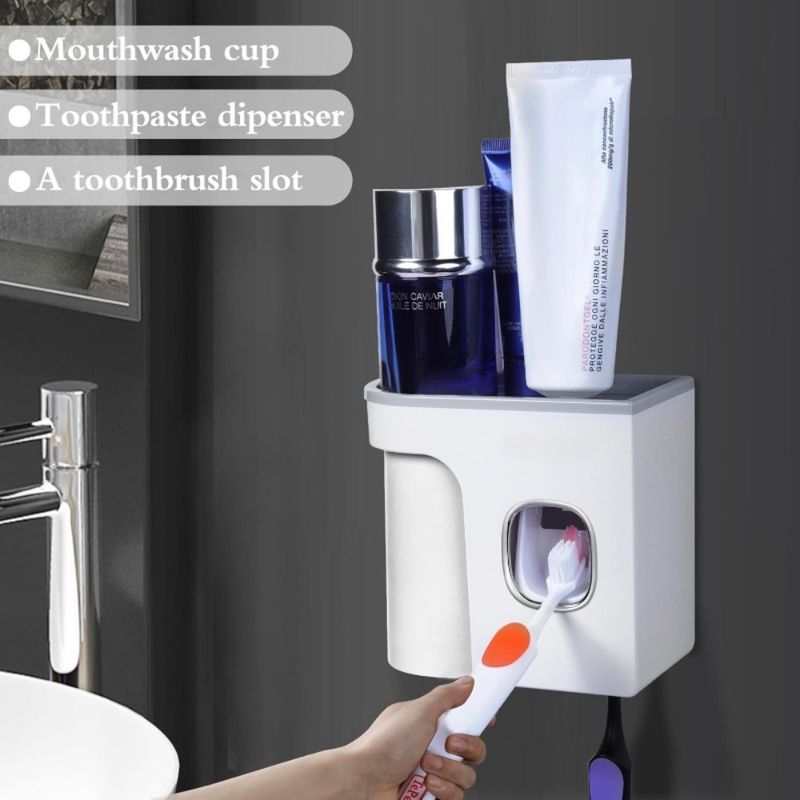 An der Wand montierte Zahnbürstenhalter, Zahnpastaspenderbecher, automatischer Zahnpastaquetscher, ideales Badezimmerzubehör_voghion.com