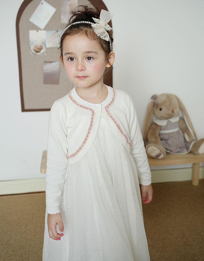 Cardigan élégant en tricot d'inspiration victorienne pour mère et enfant, avec bordure en dentelle, léger et doux, en mélange de coton (blanc-rose/blanc-noir/violet-rose)_voghion.com