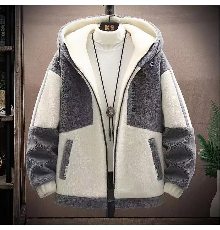 Herbst- und Wintermantel für Herren aus Sherpa-Kapuze, lose, trendige Marke, körniger Veet-Baumwollmantel, verdickt, kontrastierende Farbe, einfach_voghion.com