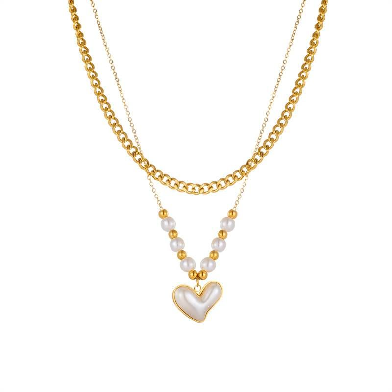 Stylish Retro Inlaid Pearl Love Cross Eyes Turquoise Pendant Double Stainless Steel Necklace_voghion.com
