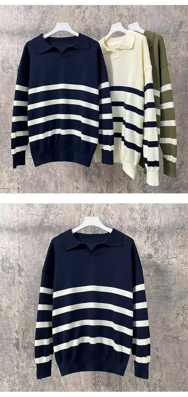 Maglione polo a righe autunno inverno da uomo, comodo, largo, in stile leggero e maturo, con risvolto_voghion.com