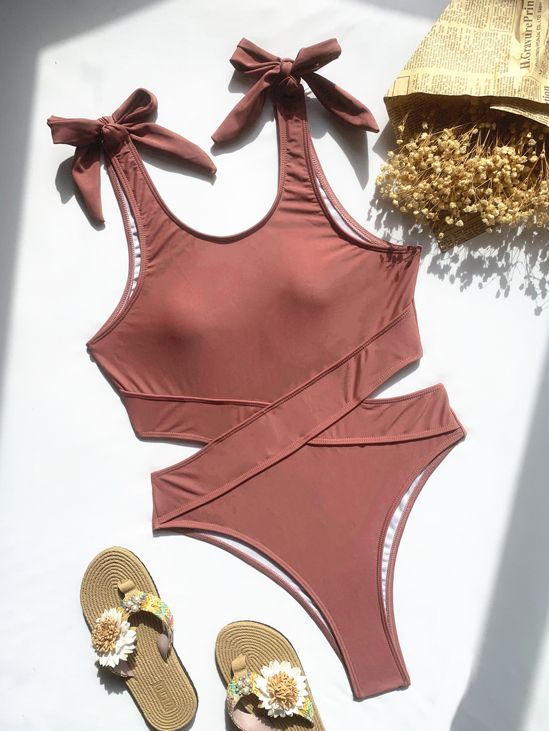 Maillot de bain une pièce épissé bikini maillot de bain femme creux maillot de bain couleur unie bikini_voghion.com