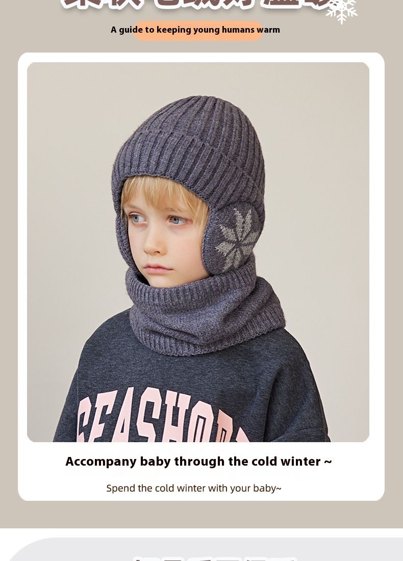 Children's Hat Winter Velvet Neck Set Knitted Wool Hat Men's and Girls' Warm Ear Protection Hoodie Head Cap_voghion.com