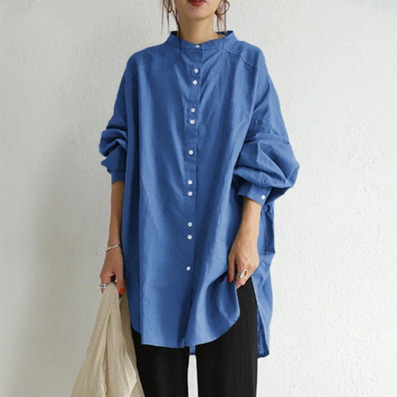 Camicia casual in lino e cotone tinta unita, con colletto alto, monopetto, a maniche lunghe, autunno e estate 2025_voghion.com