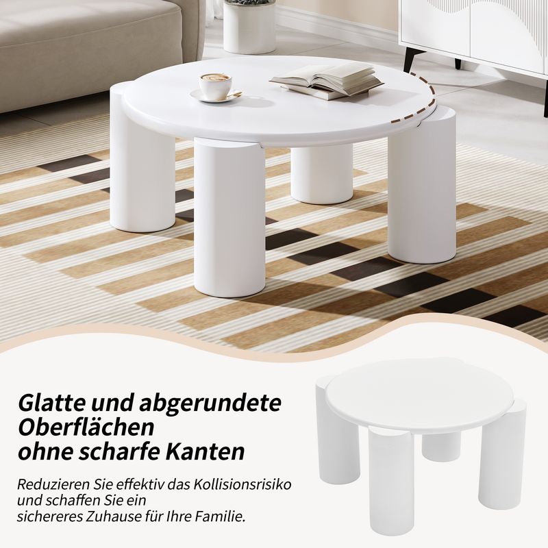 Table basse moderne White Cloud avec 4 pieds stables, petite table d'appoint ronde blanche pour salon, chambre, balcon, terrasse, design à bords arrondis_voghion.com
