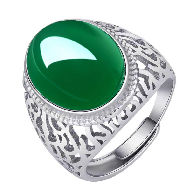 New Elegant And Bold Jade Temperamental Green Agate Adjustable Ring, Chalcedony Hollow Ring_voghion.com