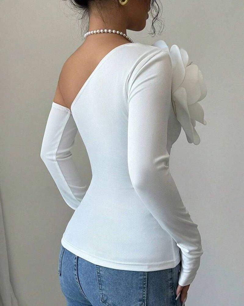 Collant a maniche lunghe con spalle scoperte e decorazione floreale tridimensionale esagerata della fabbrica di abbigliamento femminile_voghion.com