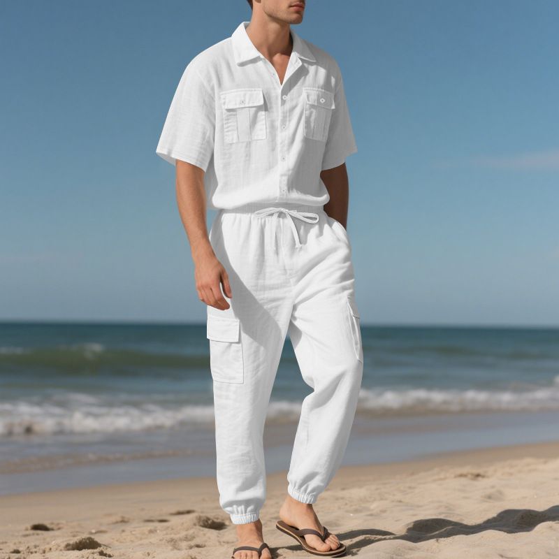 Men's Loose High End Hip Hop Workwear Sports Casual Trousers Linen Beach Short Sleeved Shirt Suit_voghion.com