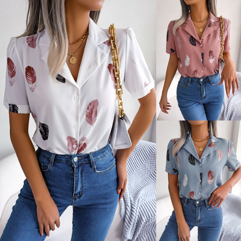 2023 terno de temperamento de verão gola pena camisa manga curta solta roupa feminina_voghion.com