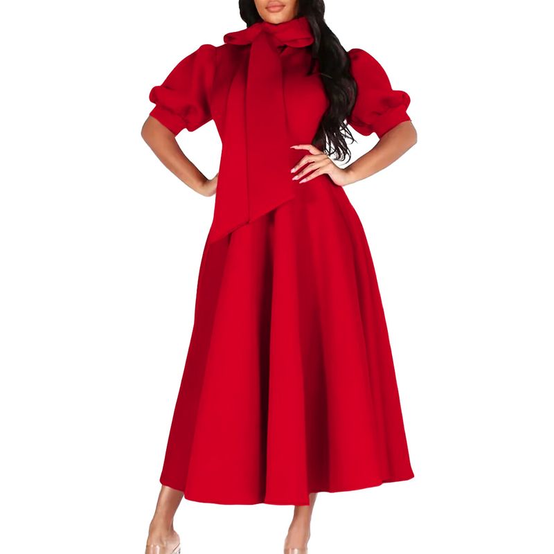 Vêtements pour femmes, printemps et été, tempérament, manches bouffantes, couleur unie, design, ceinture, jupe longue_voghion.com