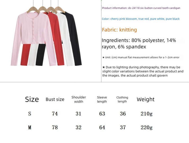 DS24118-24 Summer New Style Wind Six-Button Curved Tooth Round Neck Long Sleeve Casual Short Knitted Cardigan_voghion.com
