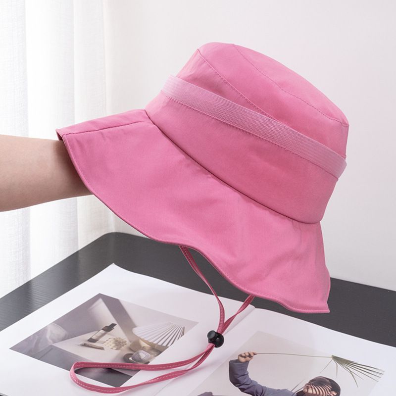 Women's Red Drawstring Strap Bucket Hat Outdoor Thin Sun Hat_voghion.com