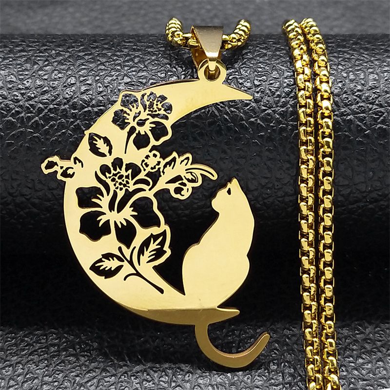 Collana con ciondolo a forma di mezzaluna con fiore di gatto estetico per donna e uomo in acciaio inossidabile color argento, catena bohémien, regalo per gioielli, collare 3220_voghion.com