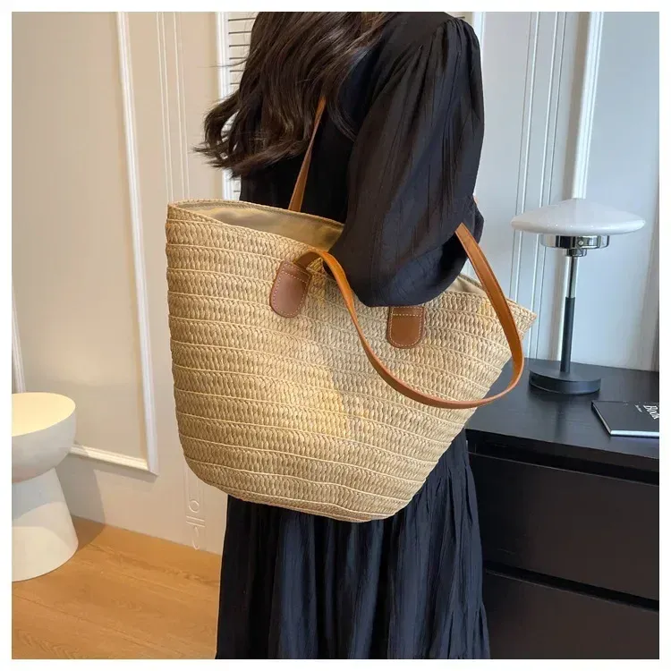 Borsa a tracolla portatile grande in paglia intrecciata con manico superiore da donna, borsa estiva da spiaggia, borsa shopper_voghion.com