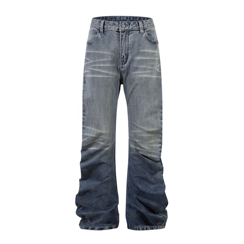 Street Style Layered Floor-Length Denim Men's Hippie Trend Niche Loose Casual Gradient Washed Floor Pants_voghion.com