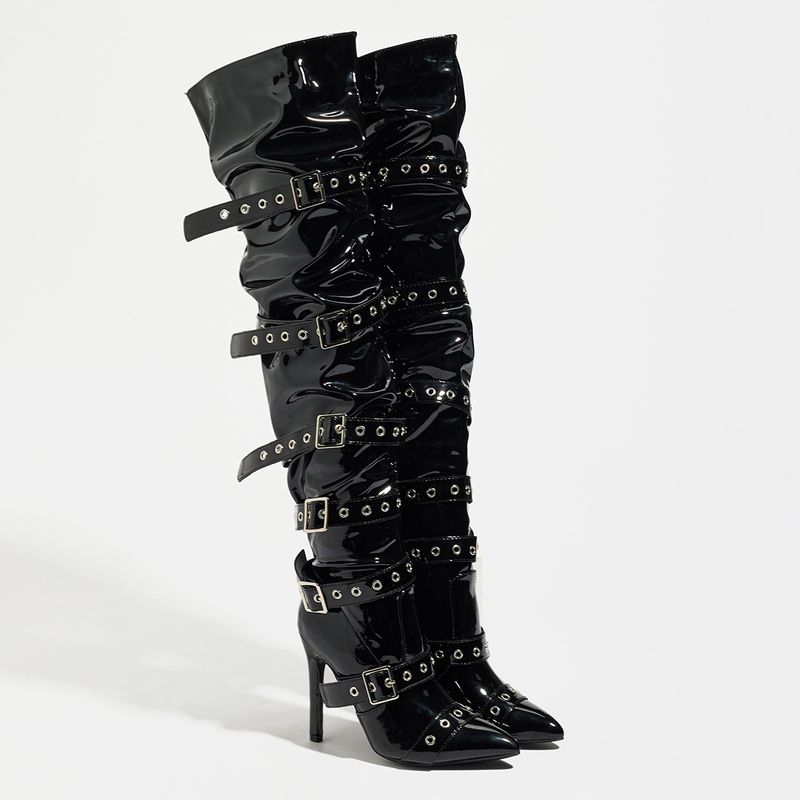 Stivali sopra il ginocchio in stile punk rock chic, con punta a punta, tacco a spillo, borchie e cinturini con fibbia, stile gotico, da donna (neri, tacco 11 cm)_voghion.com