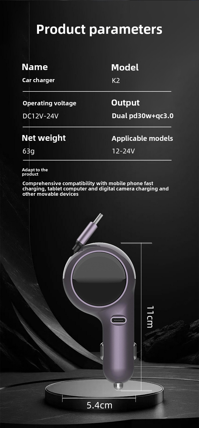 Neie Retractable Kabel Mat Super 60W Intelligent Dual Fast Charging Zigaretteliichter Auto Charger Kaddo_voghion.com