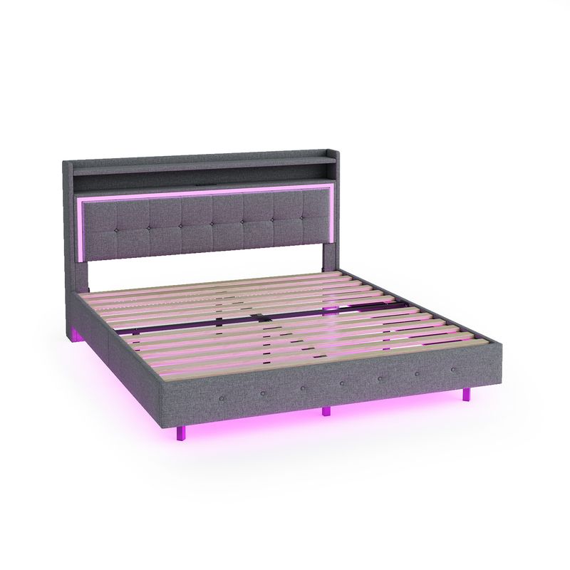 Polsterbett 160x200cm Con USB, LED, Fußen Versteckten, Leinenstoff Grau_voghion.com