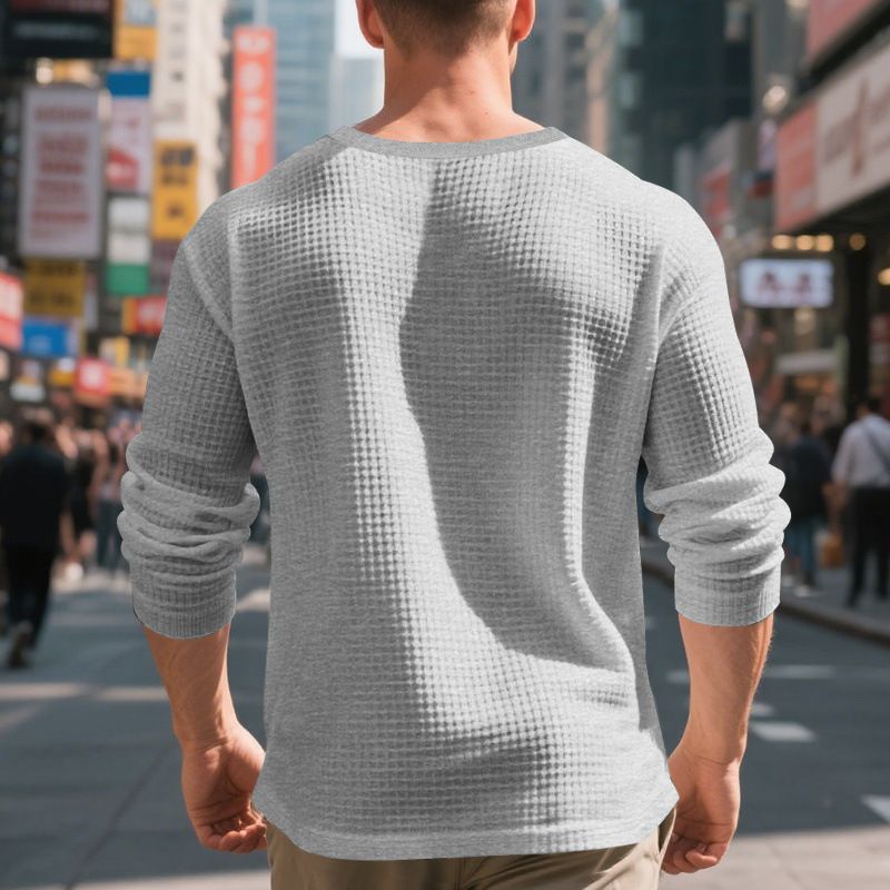 Men's Solid Color Henley Shirt - Vintage Long-Sleeve Pullover With Jacquard Check Pattern (Button Front, S-XXXL, 260GSM)_voghion.com
