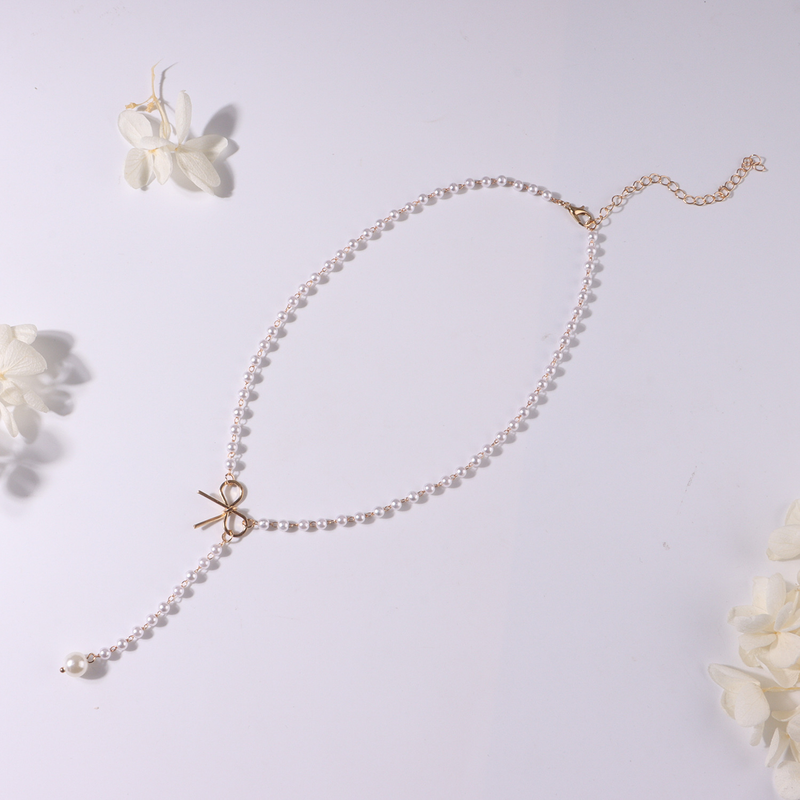 Colar com pingente de pérolas franjadas e laço de liga, colar feminino popular de temperamento simples_voghion.com