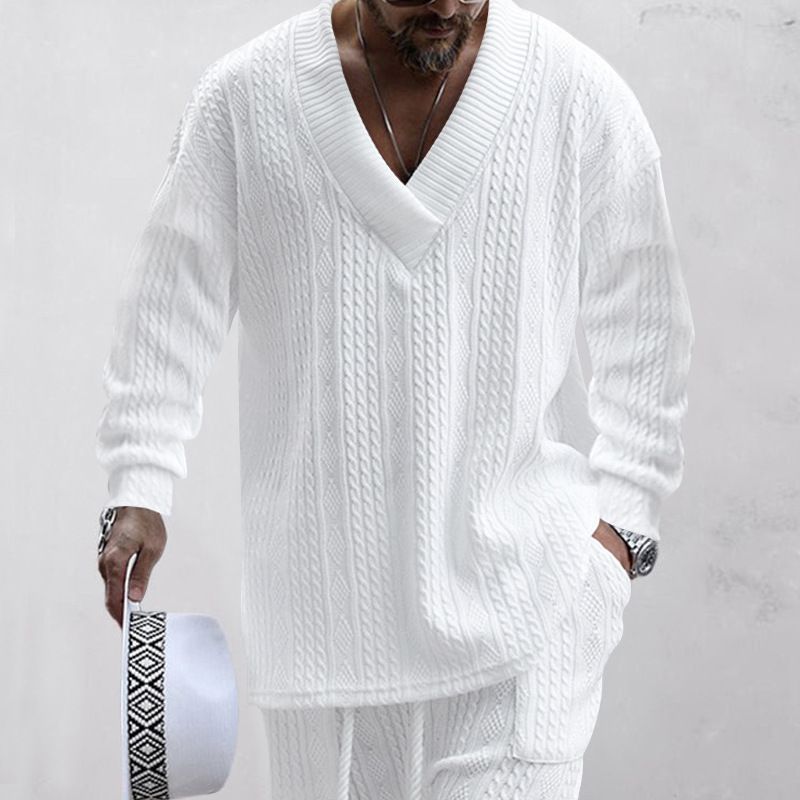 2 Fashionable Men's Casual Trousers V-neck Versatile Jacquard Knitted Sweater Men's Autumn Suit_voghion.com