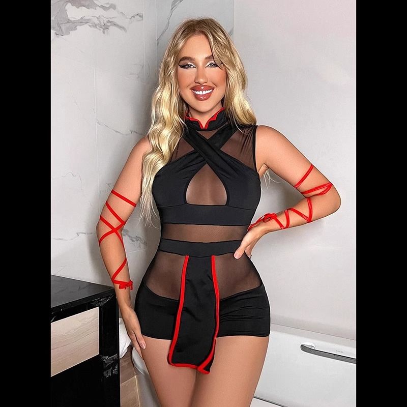 Costume da samurai in lingerie sexy 2D, in un unico pezzo, per giochi di ruolo, con cravatta in rete trasparente e blocchi di colore._voghion.com