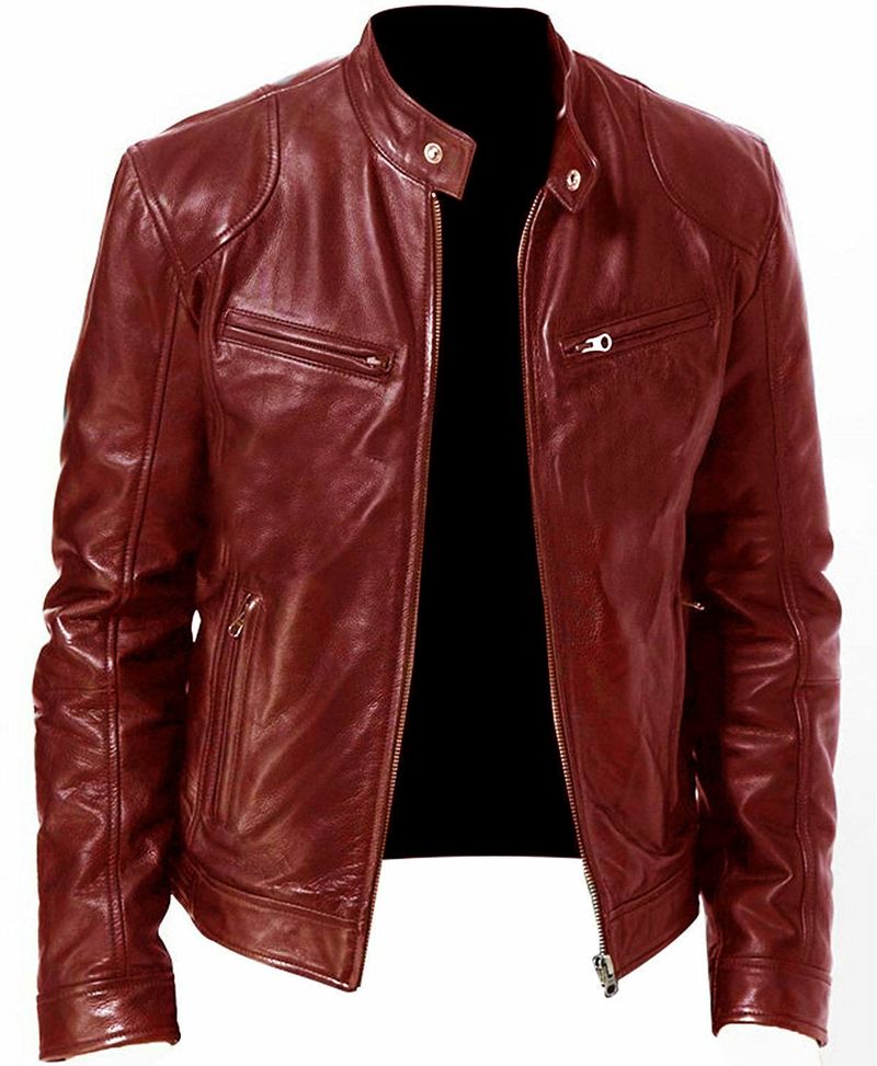 Men's Clothing business gentleman warm zipper cardigan pocket decoration PU leather jacket stand collar slim leather jacket_voghion.com