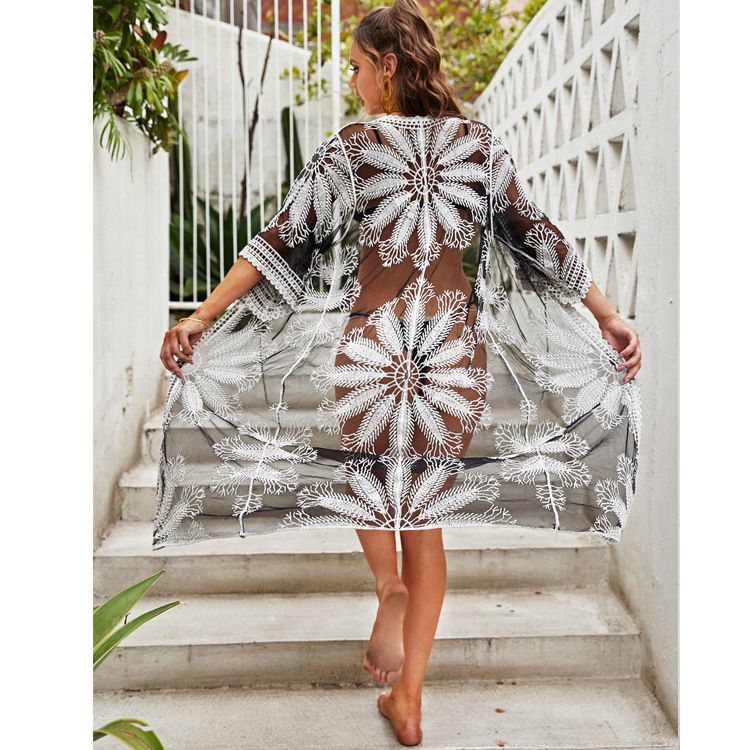 Strand-Überwurf aus Spitze – transparenter Sonnenschutz-Kimono (Einheitsgröße, 100 % Baumwolle, florales Cutout-Design)_voghion.com