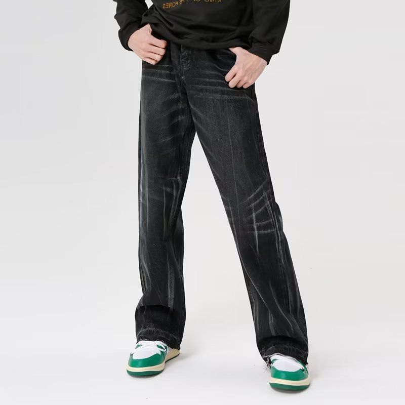 Schwarze verwaschene Distressed-Jeans für Herren, amerikanische gerade, stapelbare Vibe-Freizeithose mit Farbverlauf_voghion.com