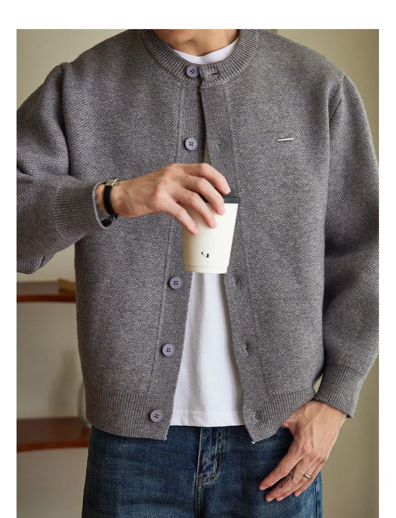 Herren-Strickjacke mit Baseballkragen – Übergroßer Freizeitpullover mit Zopfmuster (Schwarz, Grau, Khaki) – Streetwear-Essential für Herbst & Winter_voghion.com