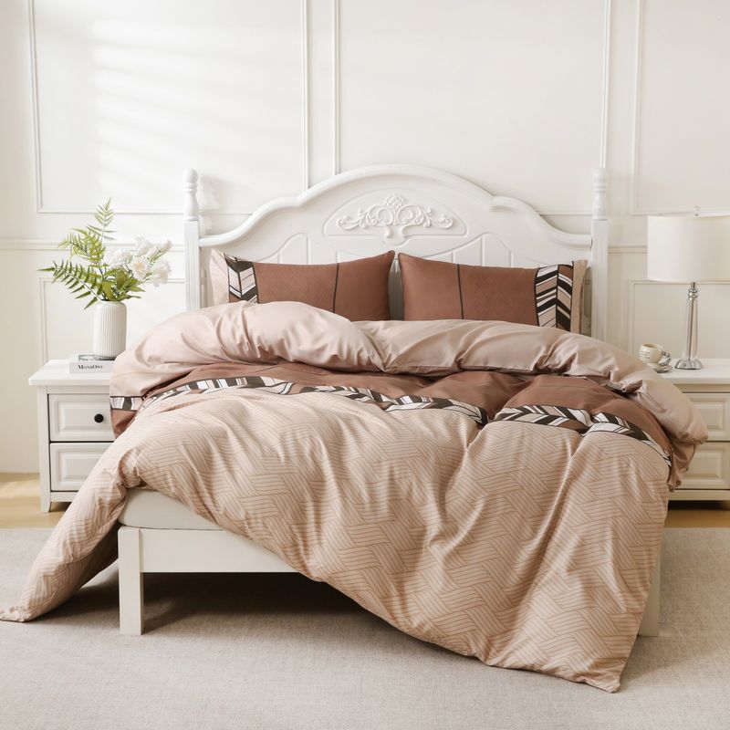 Brown Tribal Striped Duvet Cover Set - 3-Piece Boho Bedding (Wave Texture Rustic Style King/Queen Size Soft & Breathable Cotton)_voghion.com