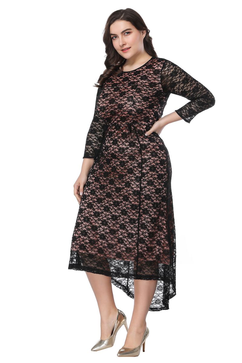 Abito da sera primaverile e autunnale, davanti, lungo dietro, vita alta, taglie forti, manica corta, abito in pizzo SQ0088, alla moda e_voghion.com