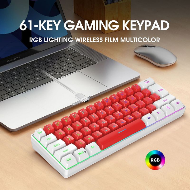 Neues Dünnschicht-Design mit 61 Tasten in Weiß-Rot, Mini-Spieletastatur mit einfachem mechanischem Gefühl, geeignet für Laptops und Desktops_voghion.com
