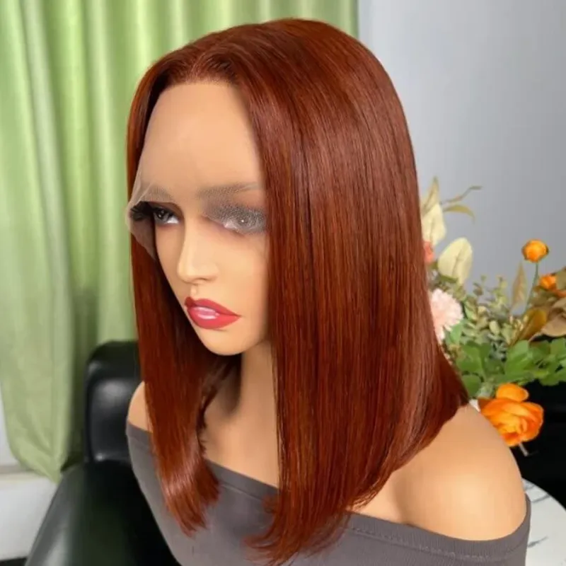 Braune Bob-Perücke, peruanische glatte Spitze vorne, menschliches Haar, rötlich-braune Spitze, Teilperücke_voghion.com