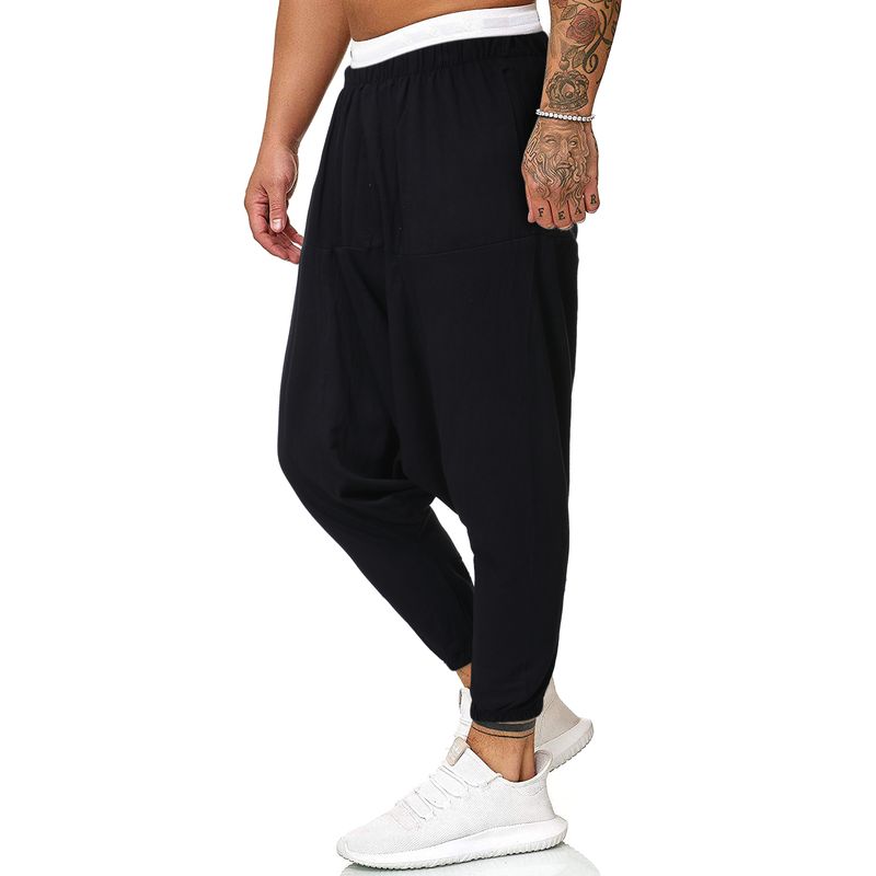 Man's Spring and Autumn fFashion Cotton and Linen Loose Cross-gear Pants Solid Color Beamed Feet Nine-point Pants_voghion.com